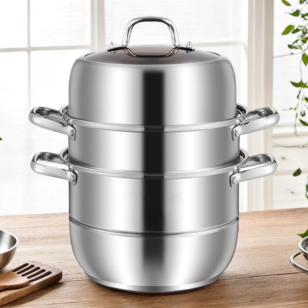3 Tier Stainless Steel Steamer Cooker Steam Pot Kitchen Food Cooking + Glass Lid