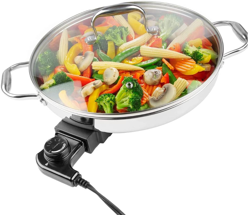 Sartén Eléctrica 12” Acero Inoxidable 18/10 con Tapa y Termostato