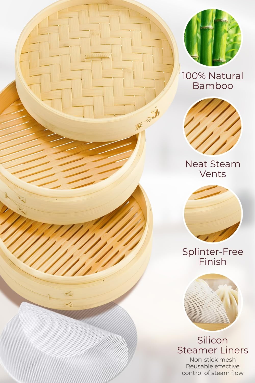 Bamboo Steamer Basket 10Inch | 2Tier Steamer for Cooking | 50 Liners, Chopsti…