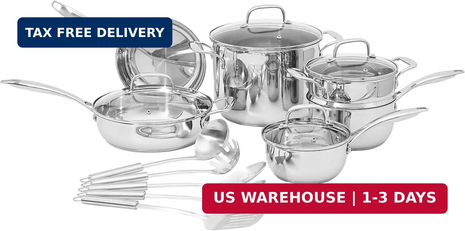 Amazon Basics Stainless Steel Cookware 15-Piece Set, Oven Safe, Induction-Ready,
