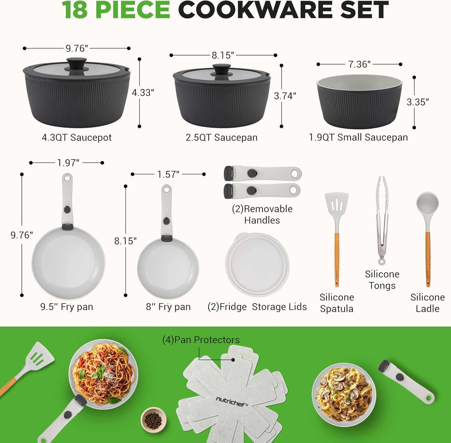 18-Piece Non-Stick Ceramic Cookware Set with Detachable Handles & Utensils