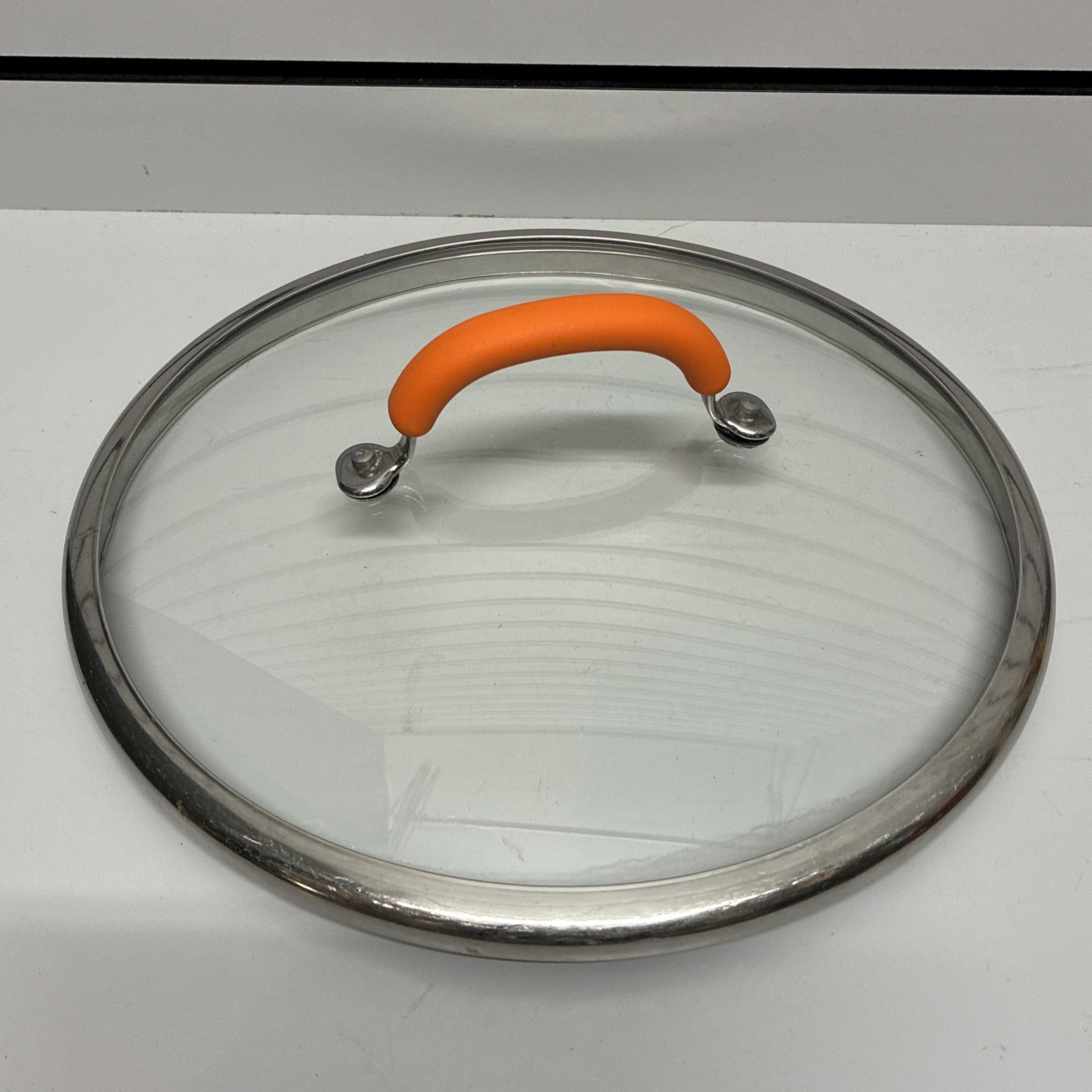 Rachel Ray Glass 11″ ID 11.25″ OD Pot Pan Replacement Lid Orange Rubber Handle