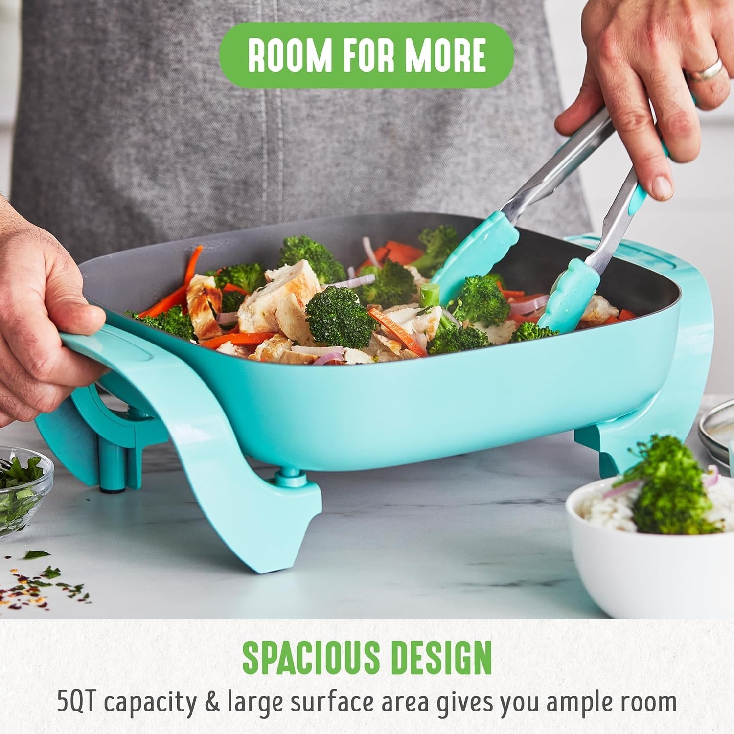 12″ 5QT Square Electric Skillet Ceramic Nonstick Lid Adjustable Temp Turquoise