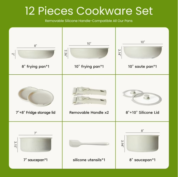 12 Pcs Pots and Pans Set Nonstick Kitchen Cookware Set with Detachable Handle