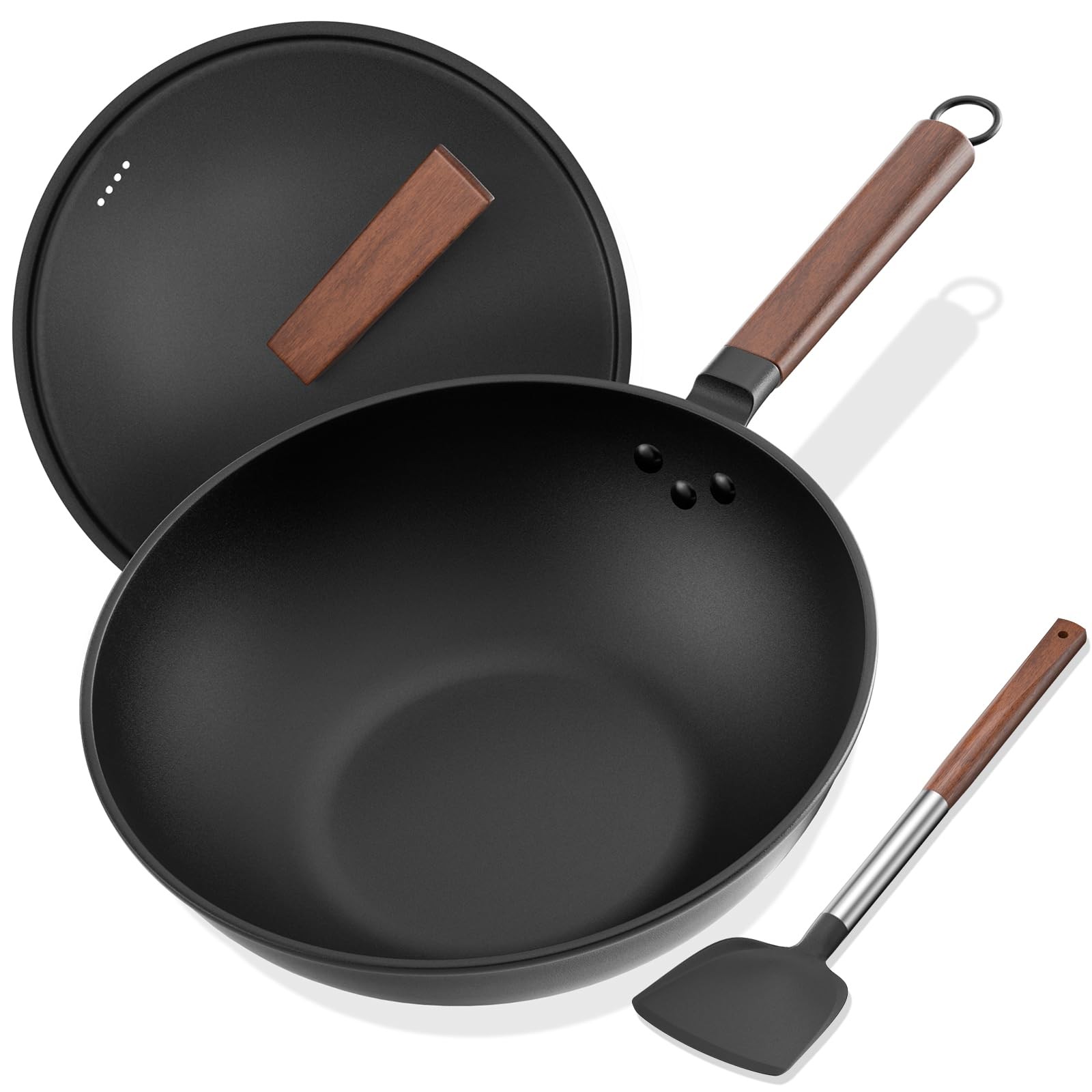Carbon Steel Wok, 13-Inch, Pre-Seasoned, Non-Stick, with Lid and Spatula, Flat B