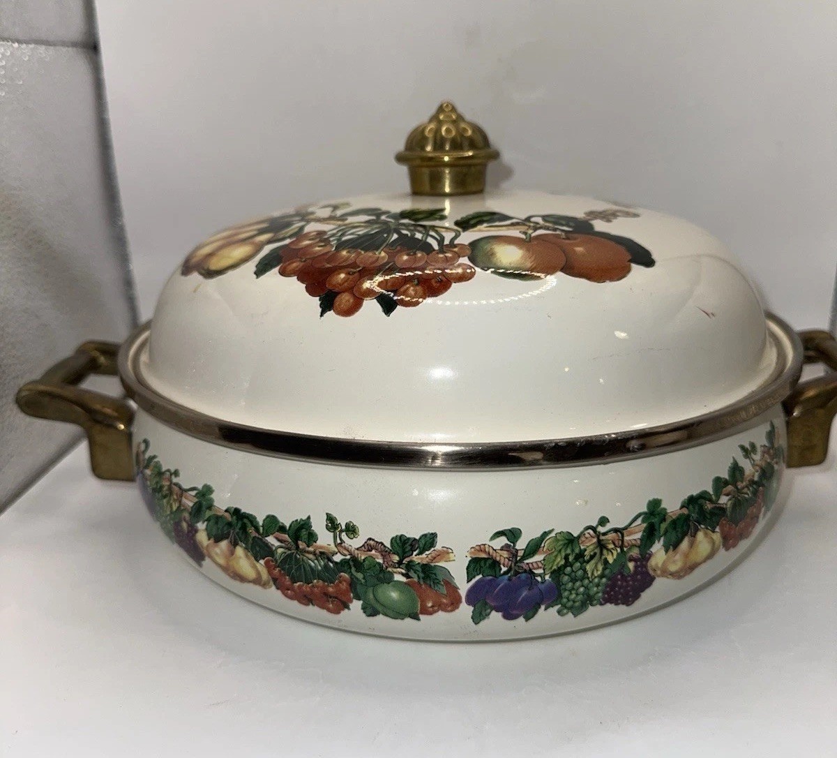 Vintage Fruit Motif Ceramic Casserole Dish Lid Brass Handles Oven Safe