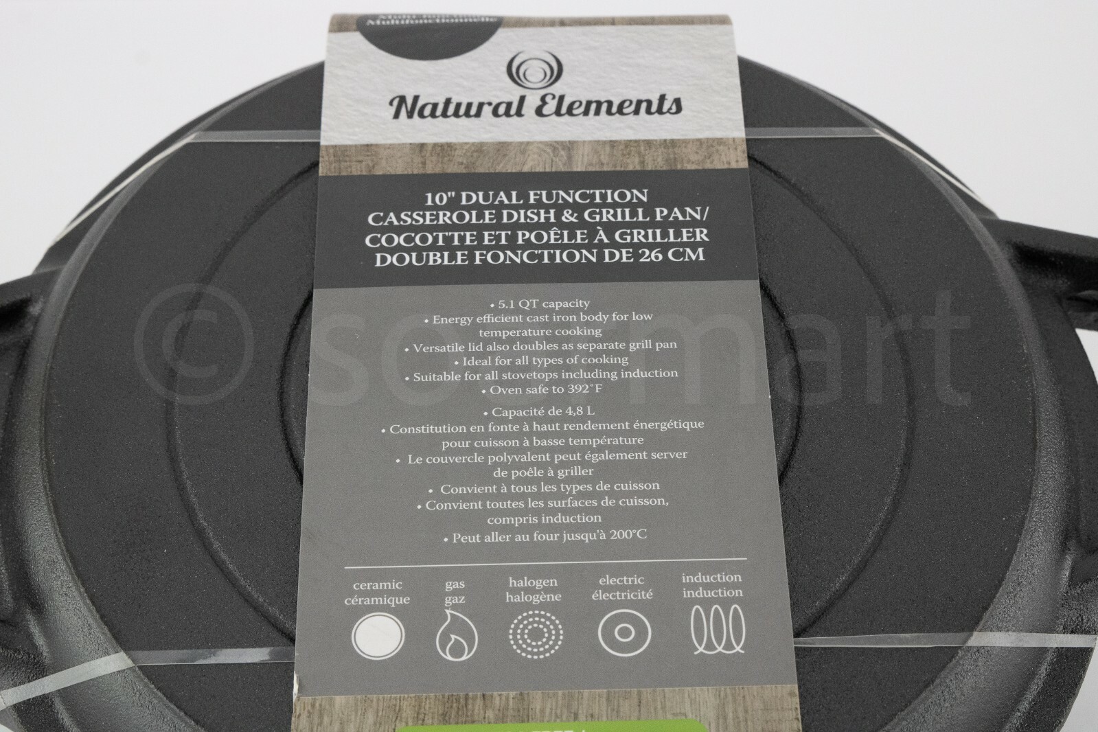 Natural Elements Cast Iron Casserole Grill Pan Top 5.1-qt 10 In Dual Function
