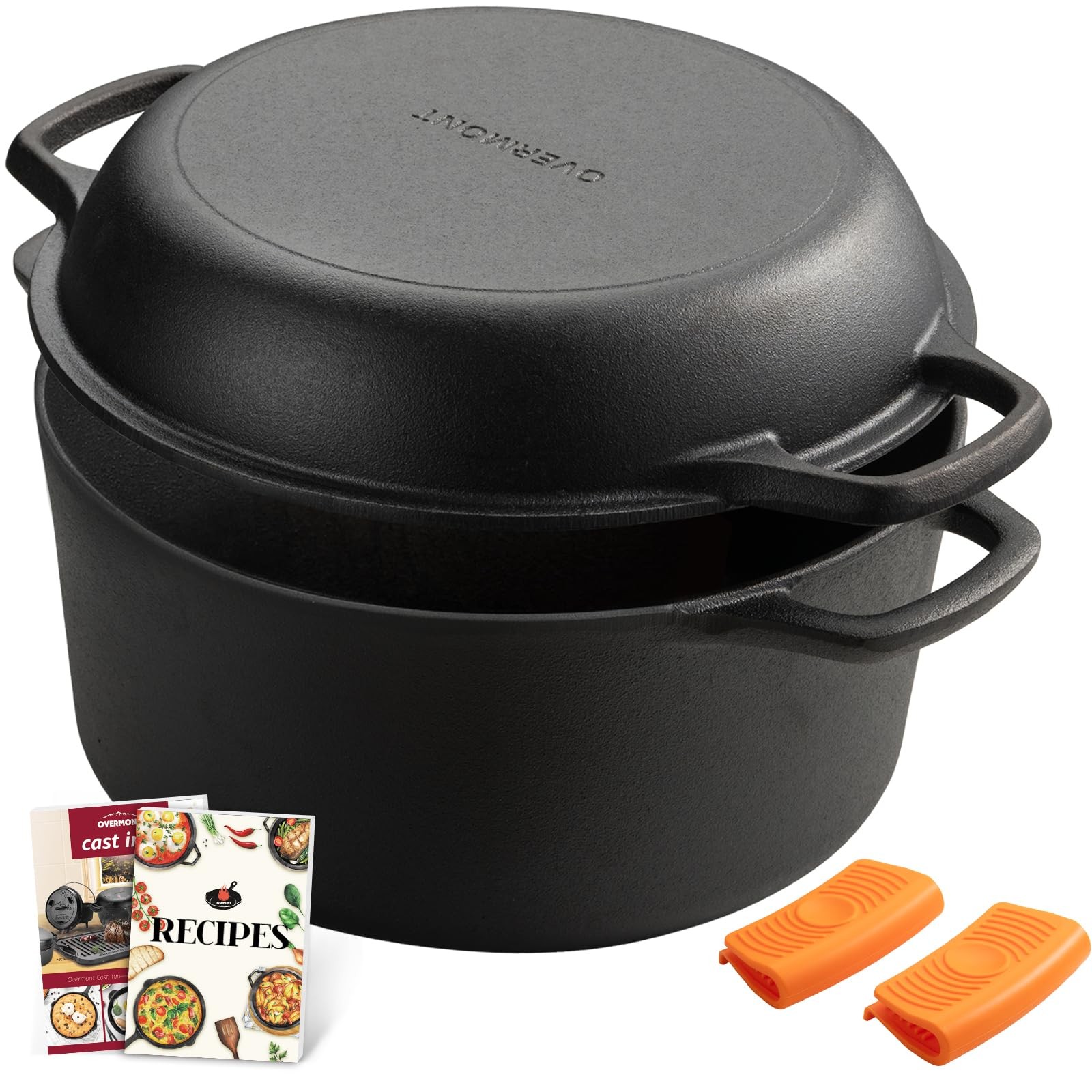 Overmont 2-in-1 Cast Iron Dutch Oven – 7QT Pre-Seasoned All-in-One 7QT, Black