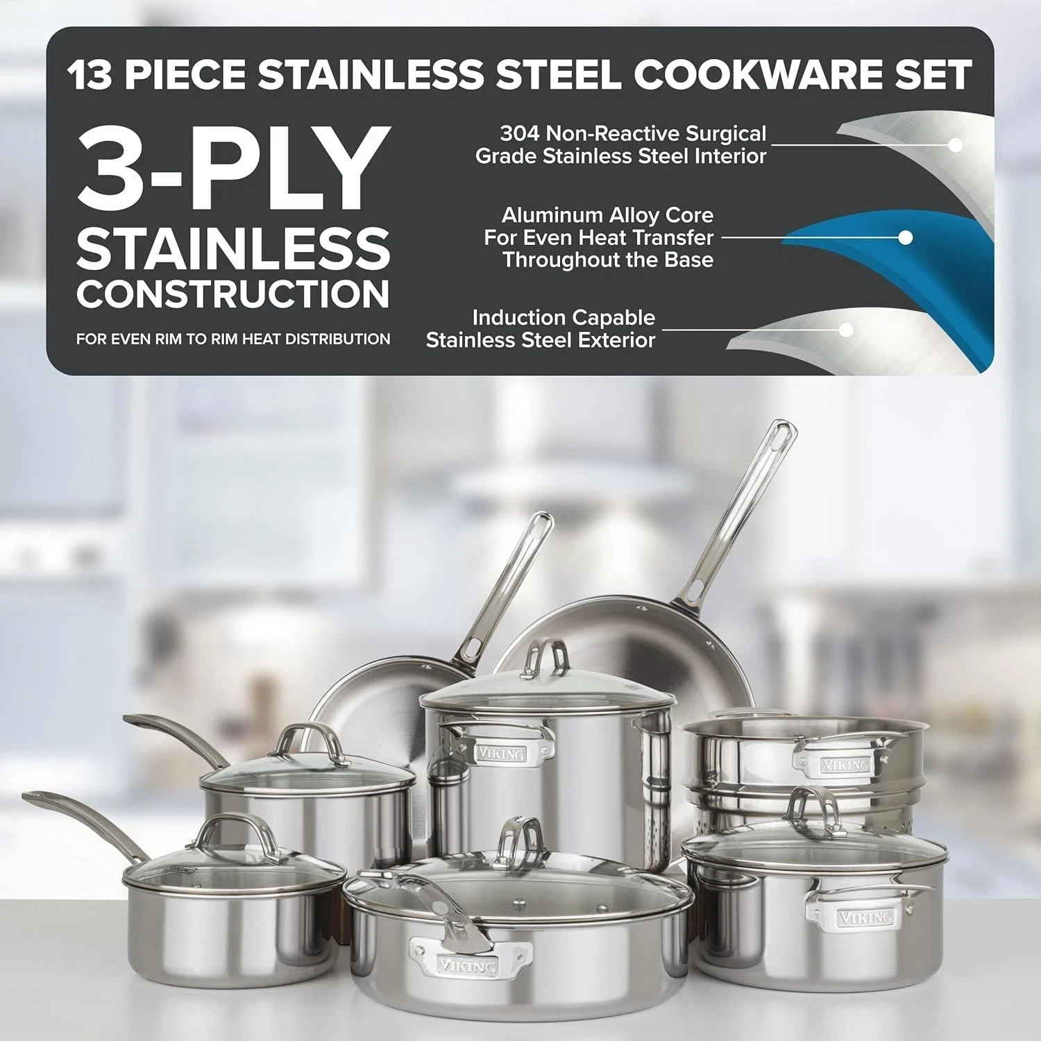 Viking 3-ply 13PC Cookware Set with Vented Glass Lids – Choose Type – New Opened