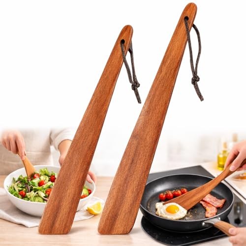 Acacia Wood Spatula Set, 2-Pack Wooden Spatulas (12” & 10”), Non Dark Brown