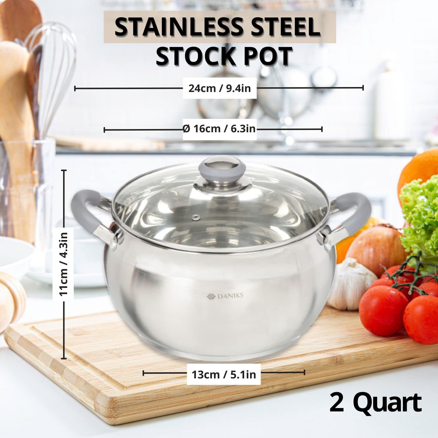 Modern Stainless Steel Stock Pot With Glass Lid “ Induction 2 Quart Dishwasher S
