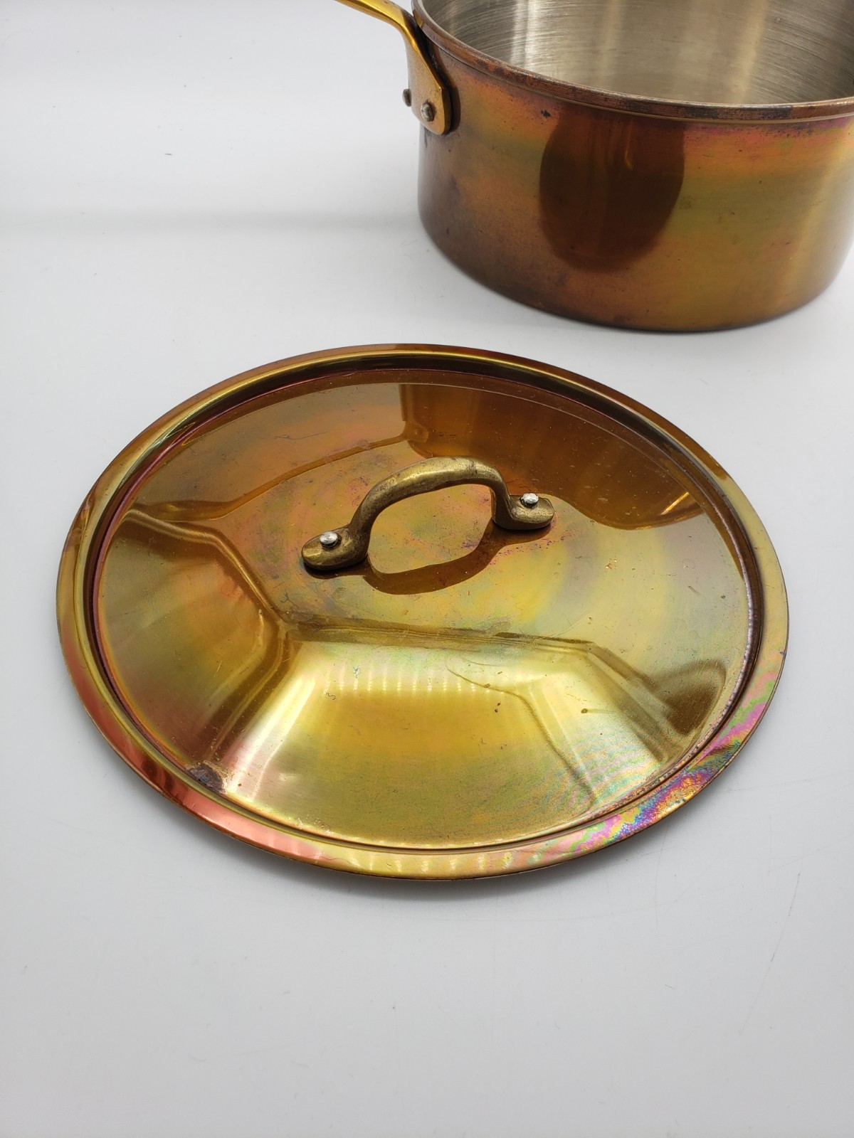 Vintage Copper 1.5qt Saucepan with Lid Brass Handles Made in Korea