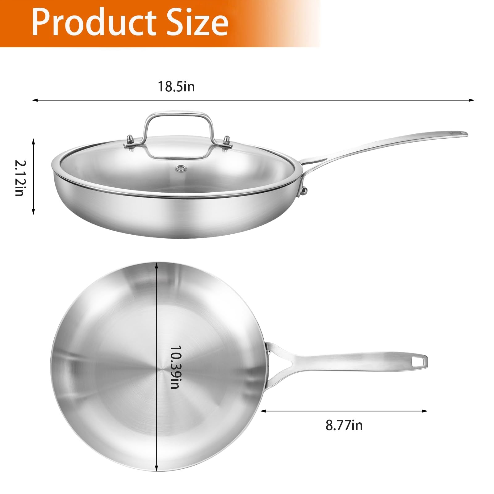 10inch Tri-Ply Stainless Steel Pan with lid, Induction Stainless Steel Frying…