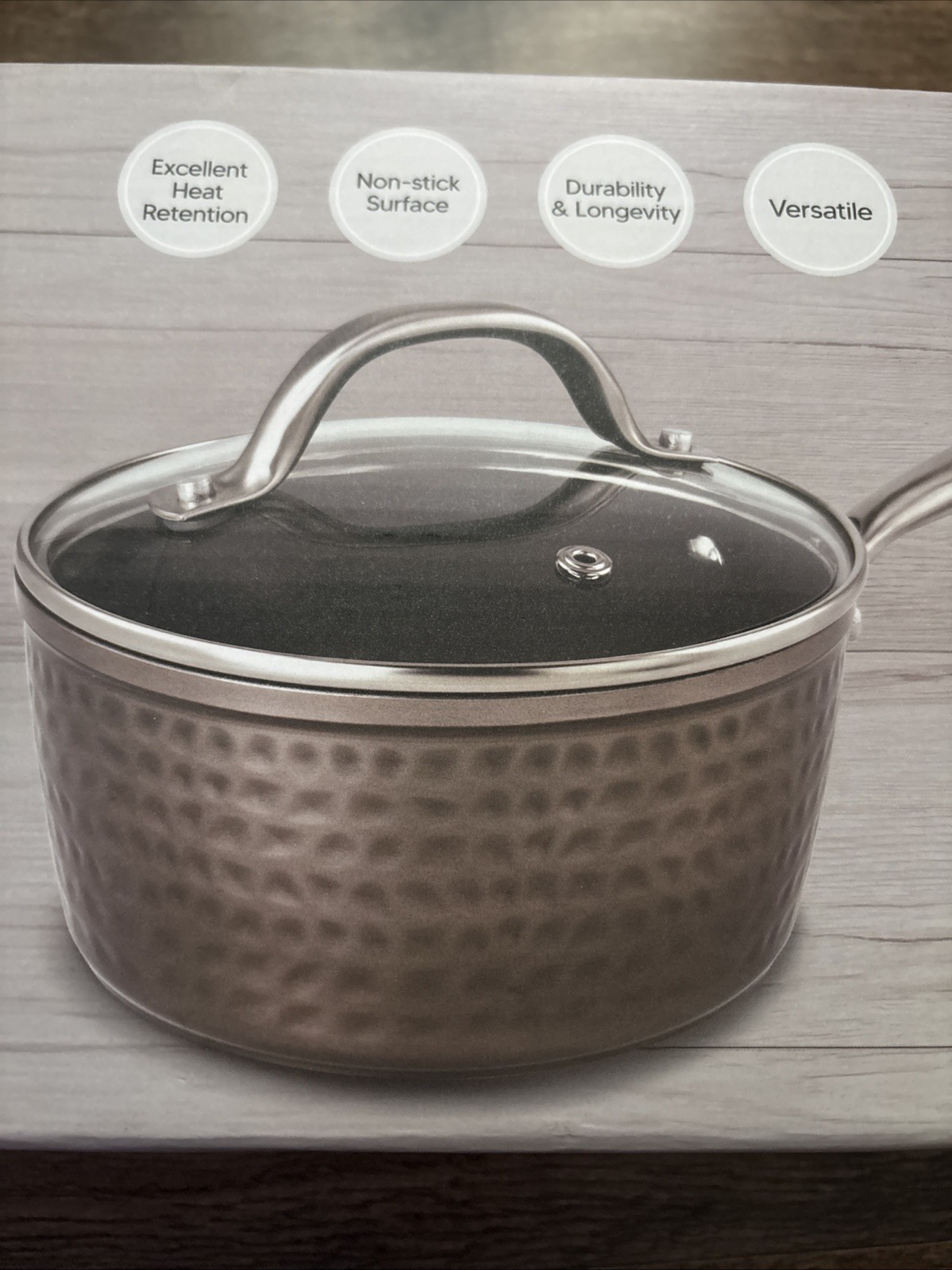 NEW IN BOX Basil & Kraft 1.35 Qt Hammered Saucepan With Lid