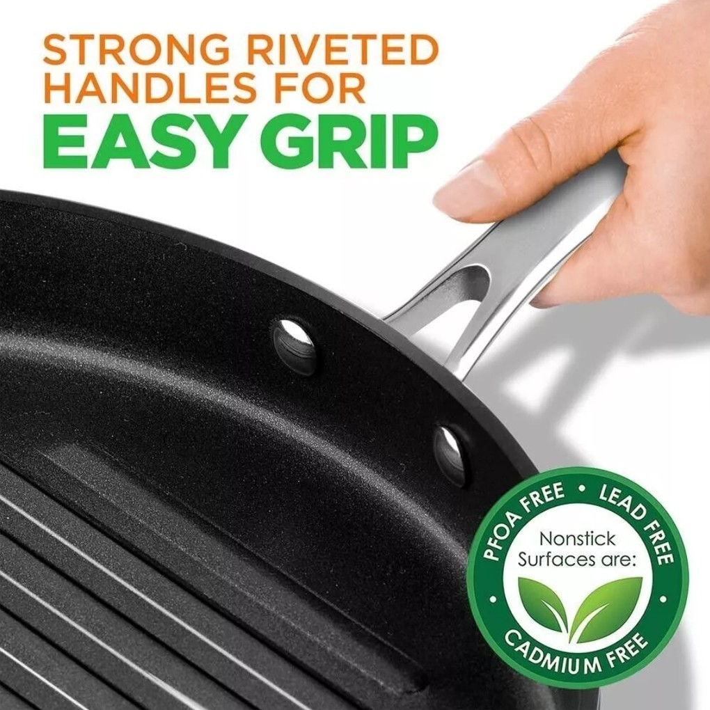 NutriChef 12in Hard-Anodized Nonstick Grill Pan – Dishwasher Safe PFOA Free. New