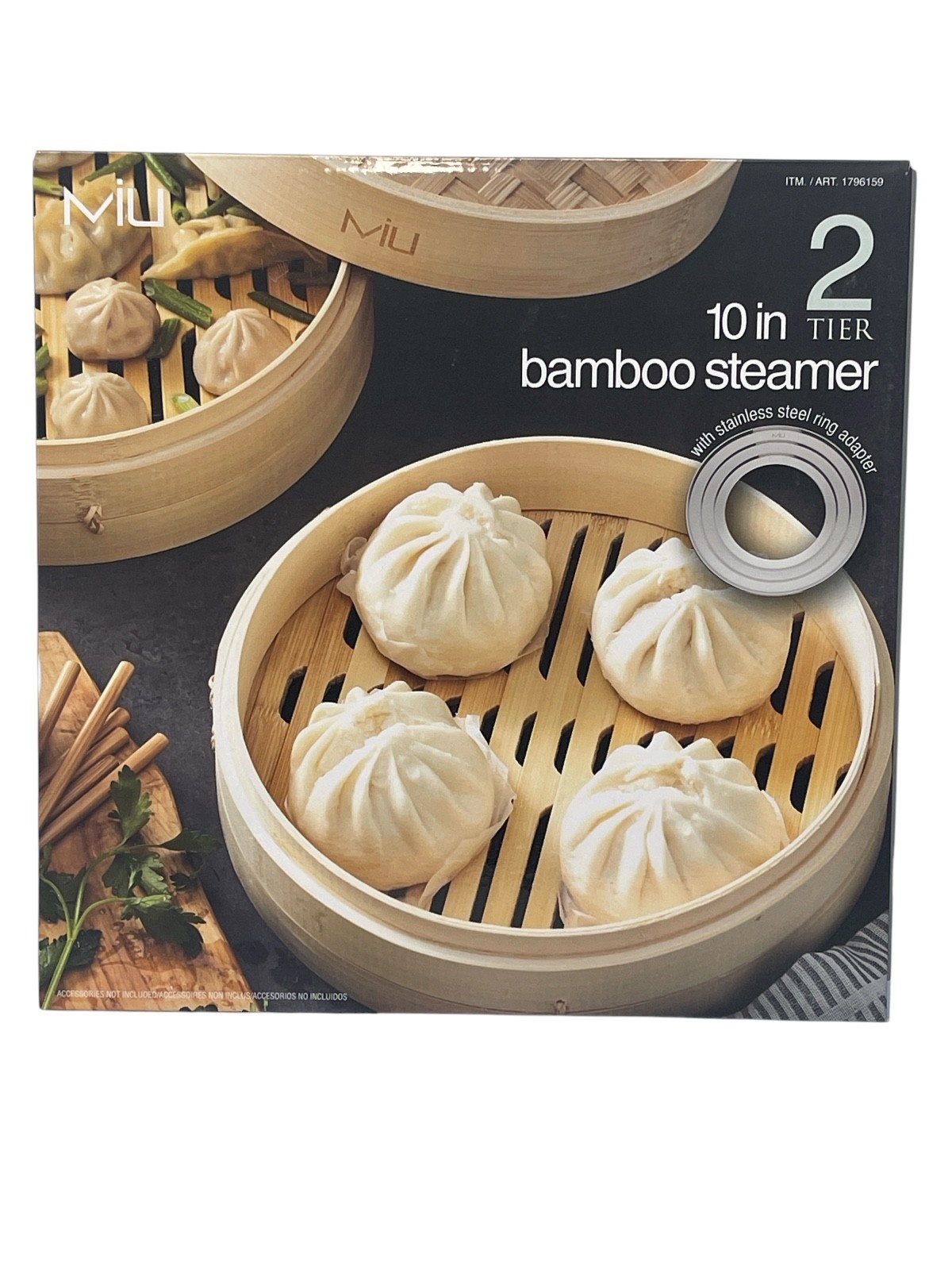 MIU 10″ 2-Tier Bamboo Steamer Basket With Stainless Steel Ring Adapter Dim Sum