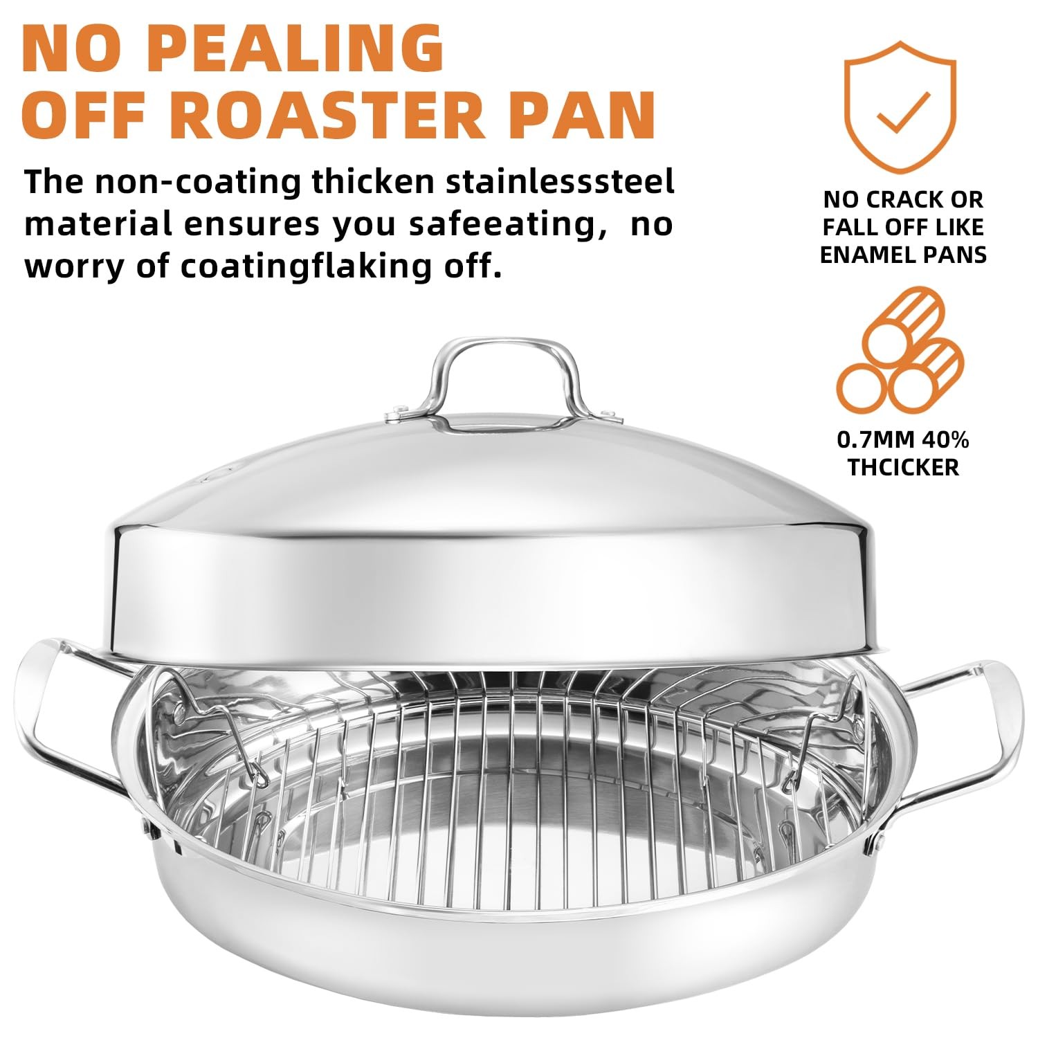 RIDGEPOLE 22” Large Roasting Pan with Rack and Lid, Stainless 22″, Sliver