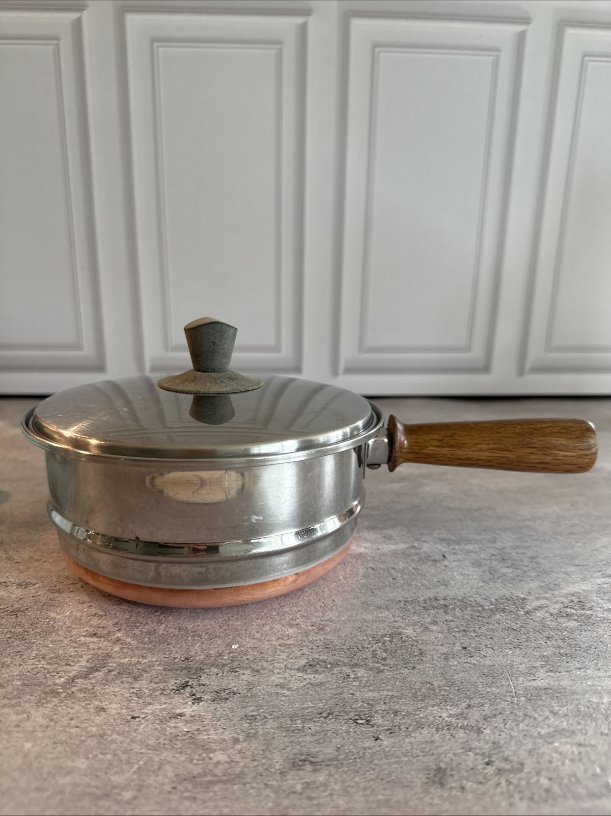 Vintage Copper Bottom Stainless Sauce Pan 1.5 QT W/Lid Wood Handle