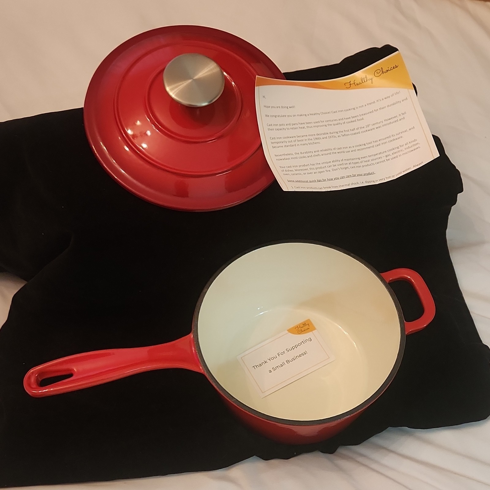 Cast Iron Red Saucepan with Lid, Double Handle