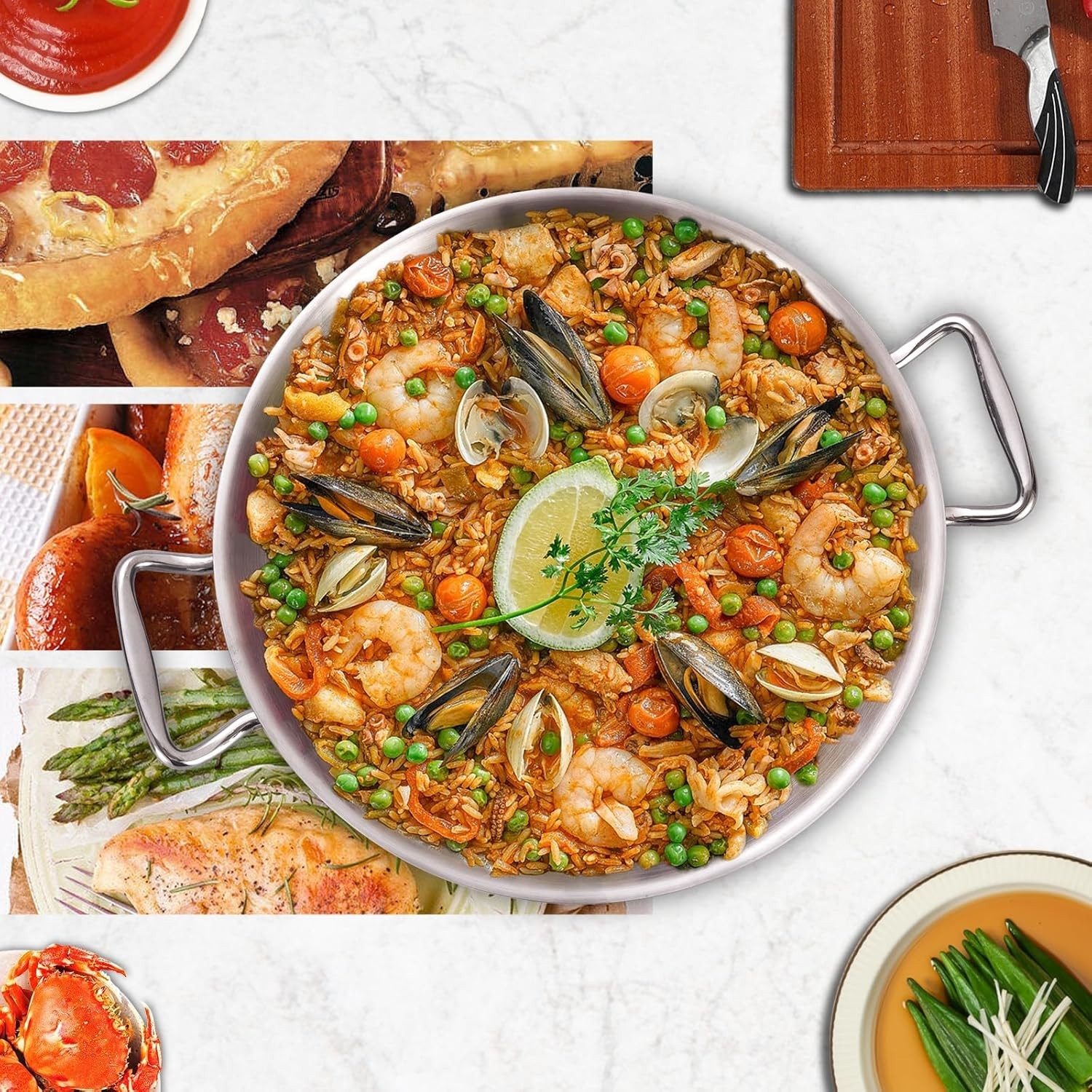 13 Inch Tri-ply Stainless Steel Paella Pan with Lid,Griddle,Large Skillet,Omelet