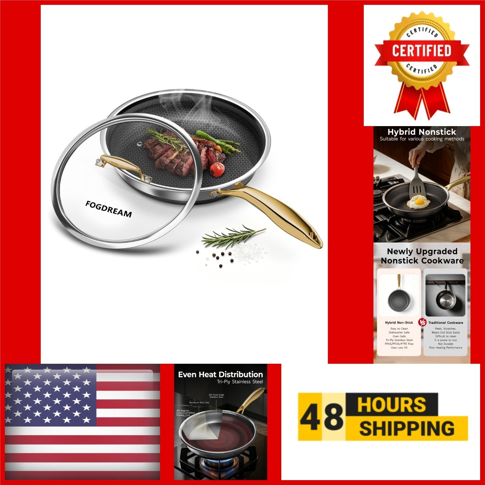 8 Inch Stainless Steel Frying Pan with Lid, Nonstick Skillet for All Cooktops