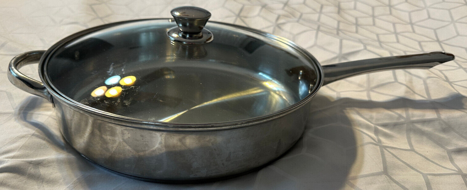 ECOLUTION 11″ SILVER FRYING PAN W/ GLASS LID COVER GRILLING PAN STAINLESS STEEL