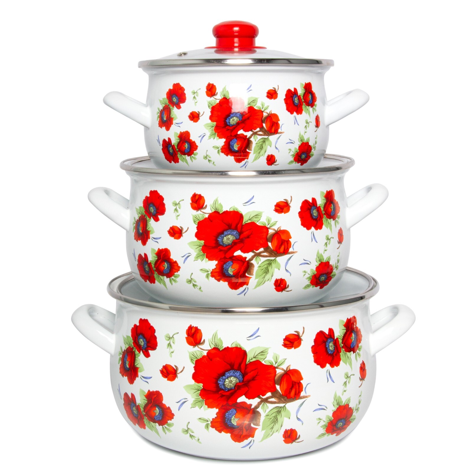 3 pc POPPY Enamel Stockpot Set Cooking Pot Set Enamel Casserole 2-qt 4-qt 6.5-qt