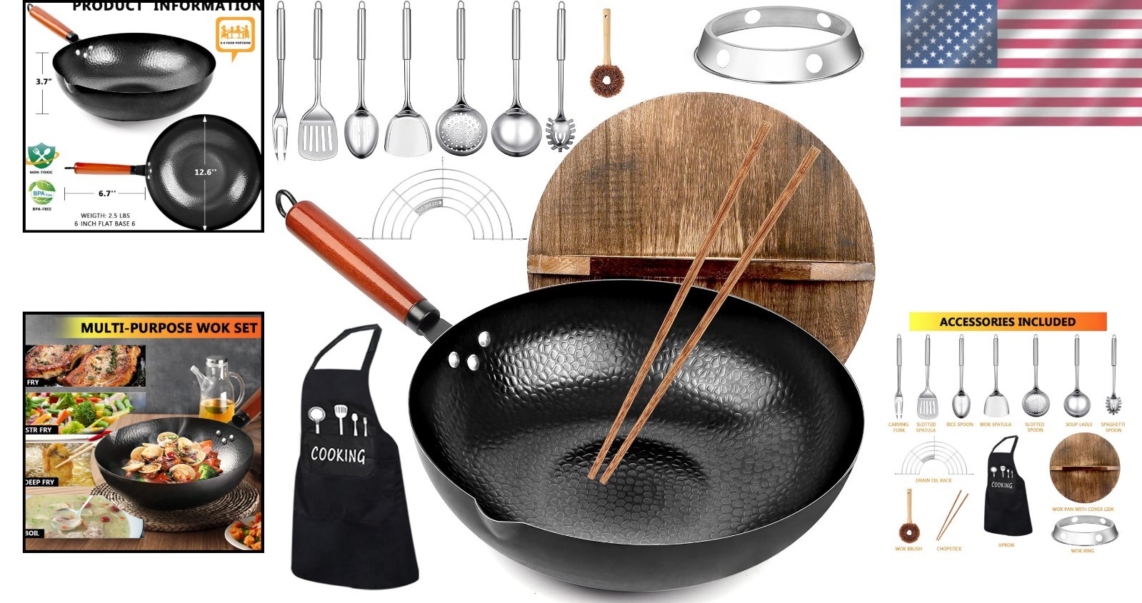 Family-Sized 14-Piece Carbon Steel Wok Set with Honeycomb Surface – 12.6-Inch