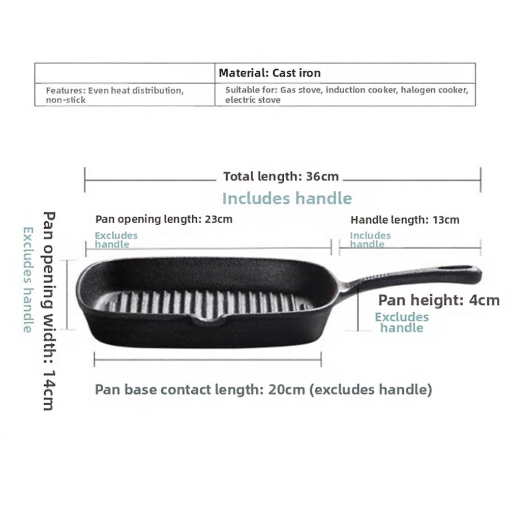 Cast Iron Square Grill Pan No Synthetic Coating 36x14x6cm for Long Term Use