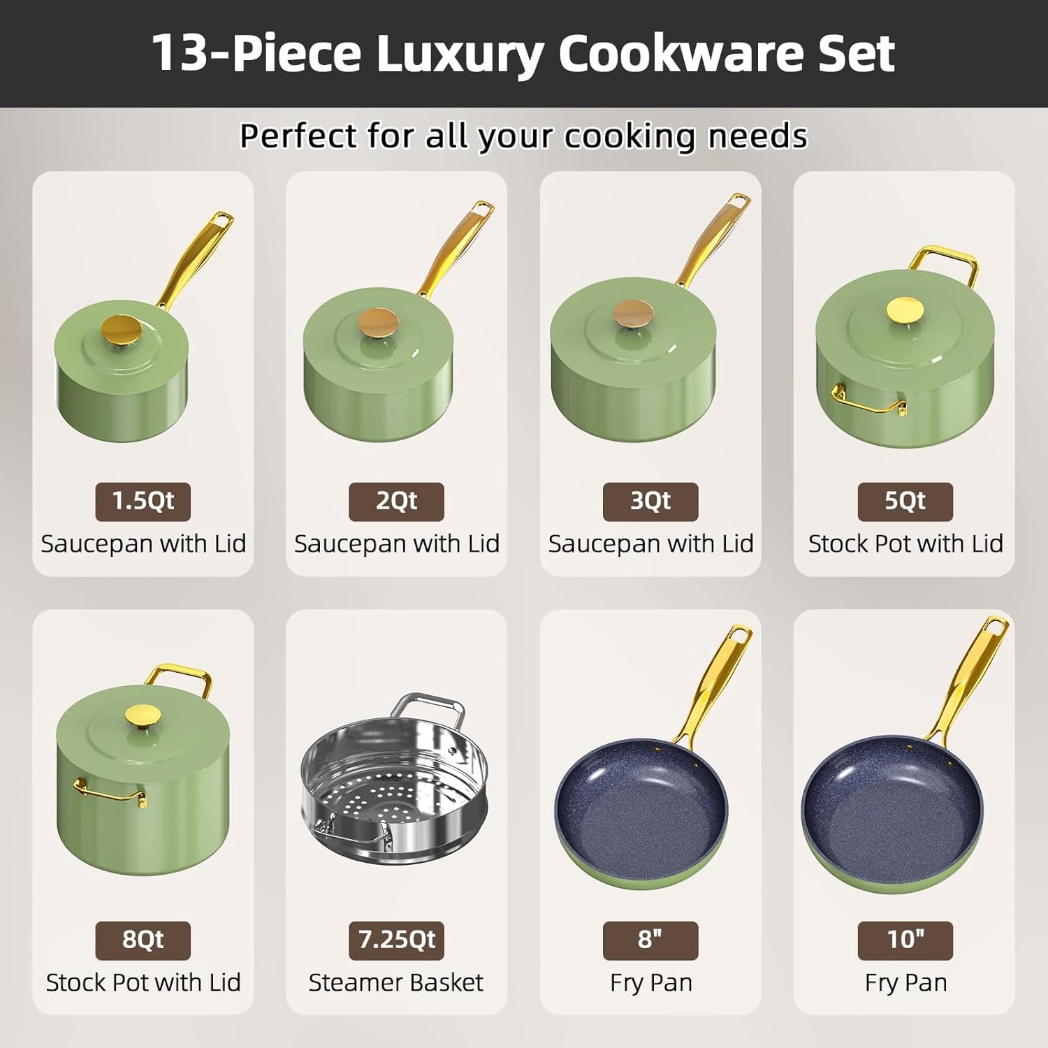 Nuwave Lux LE 13-Pc Cookware Set with Elegant Gold Handle, Diamond Infused Ceram