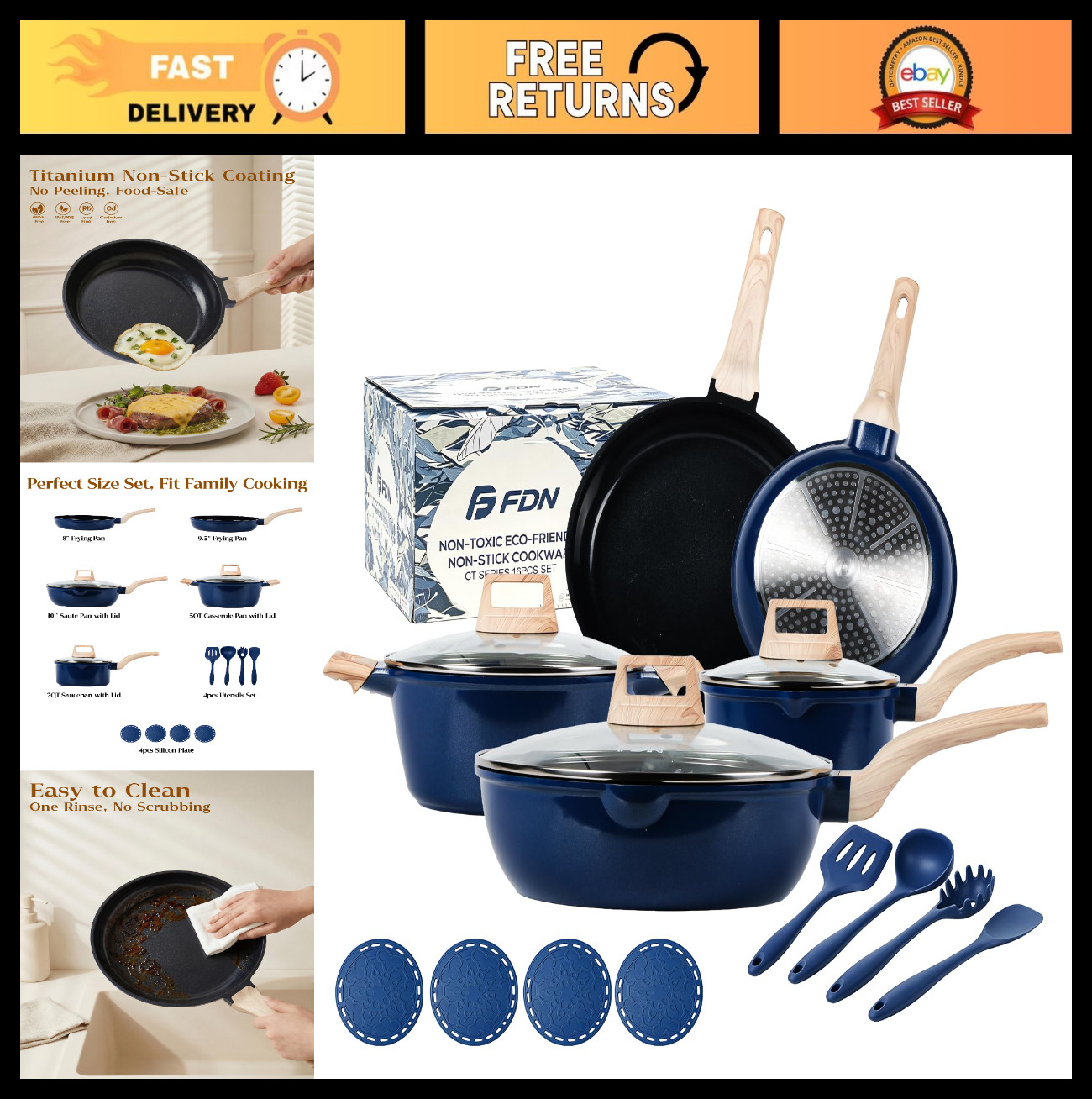 16Pcs Titanium Cookware Set, Toxic-Free Pots & Pans, Induction Compatible, Oven