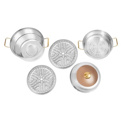 Steam Cooker, Stainless Steel Steam Cooker, 3-tier Steam Cooker Silver+Gold