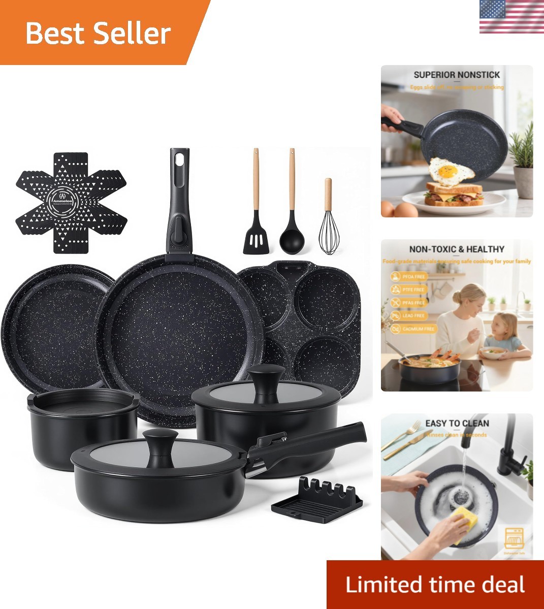21-Piece Ceramic Pots and Pans Set Non Stick with Detachable Handles and Egg Fry
