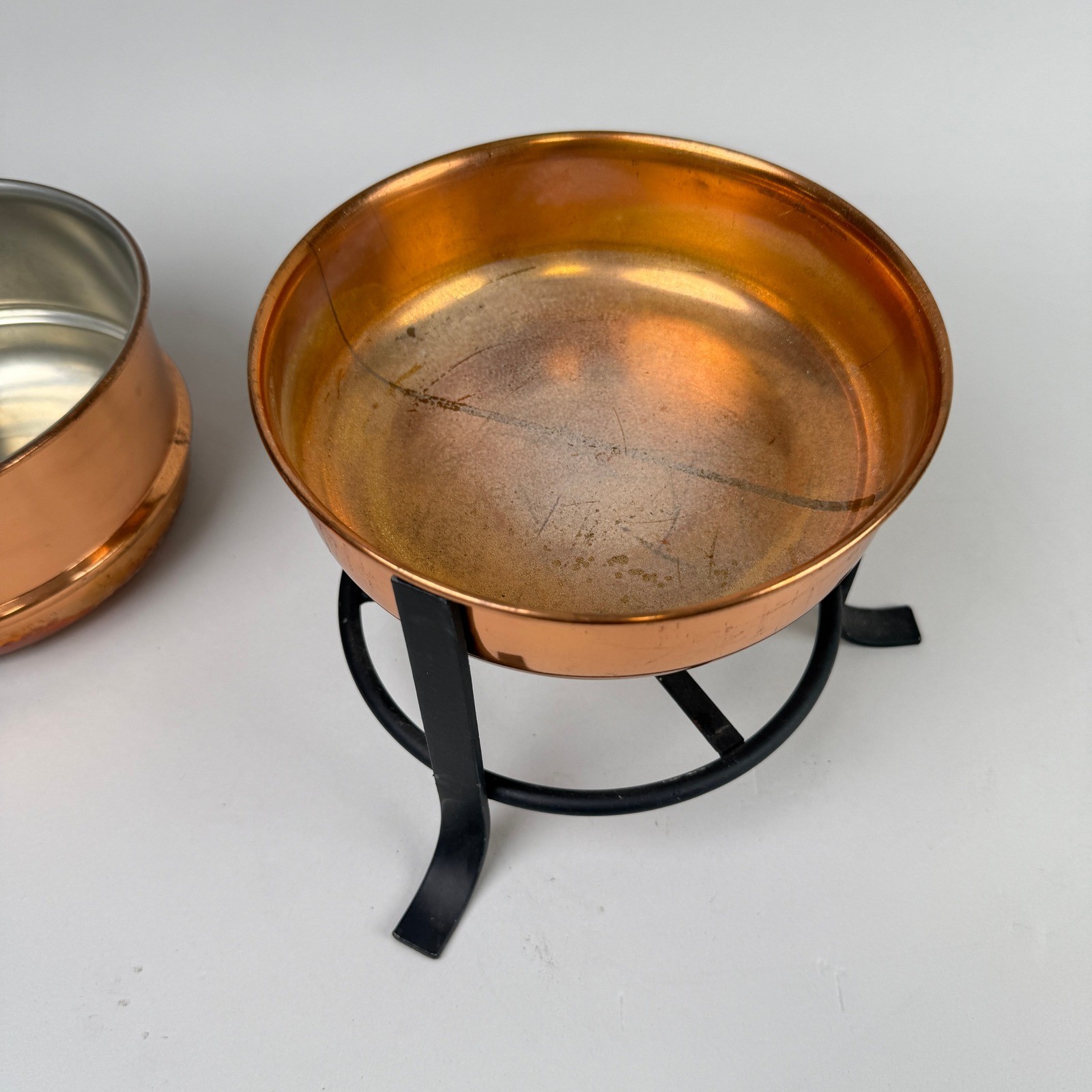 Vintage Copper Double Boiler Pot with Wood Handle and Stand Fondue Set
