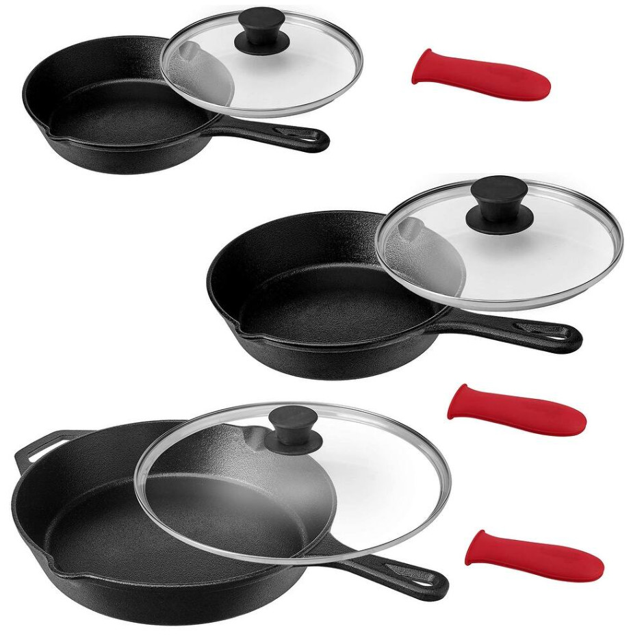 MegaChef 7 Pc Pre-Seasoned Cast Iron Skillet Set w/ Lids & Red Handle Holders