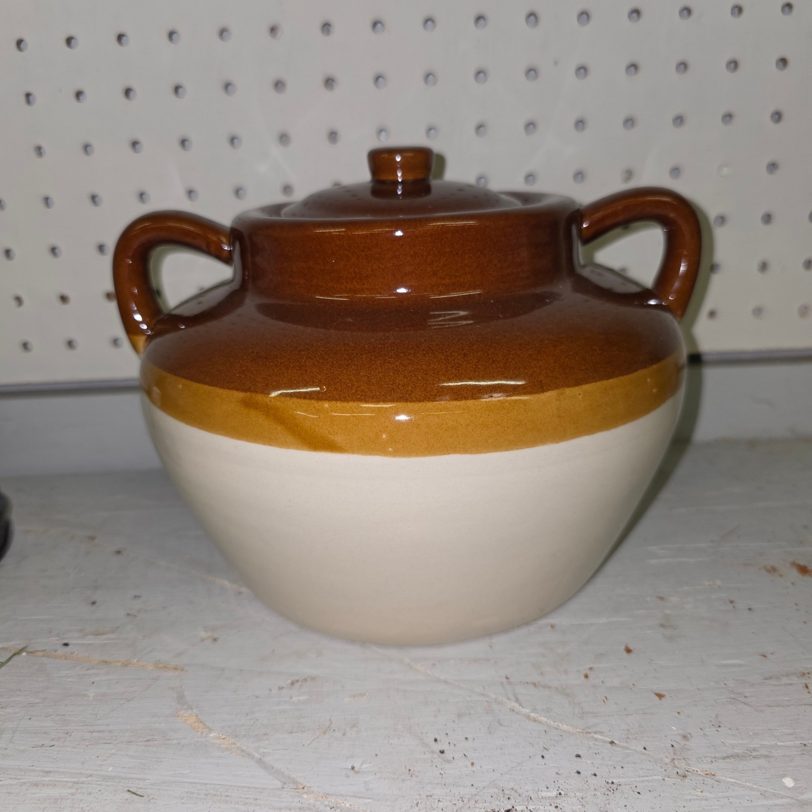 Vintage Smith-China Stoneware Bean Pot with Lid TwoTone Brown Ceramic Crock
