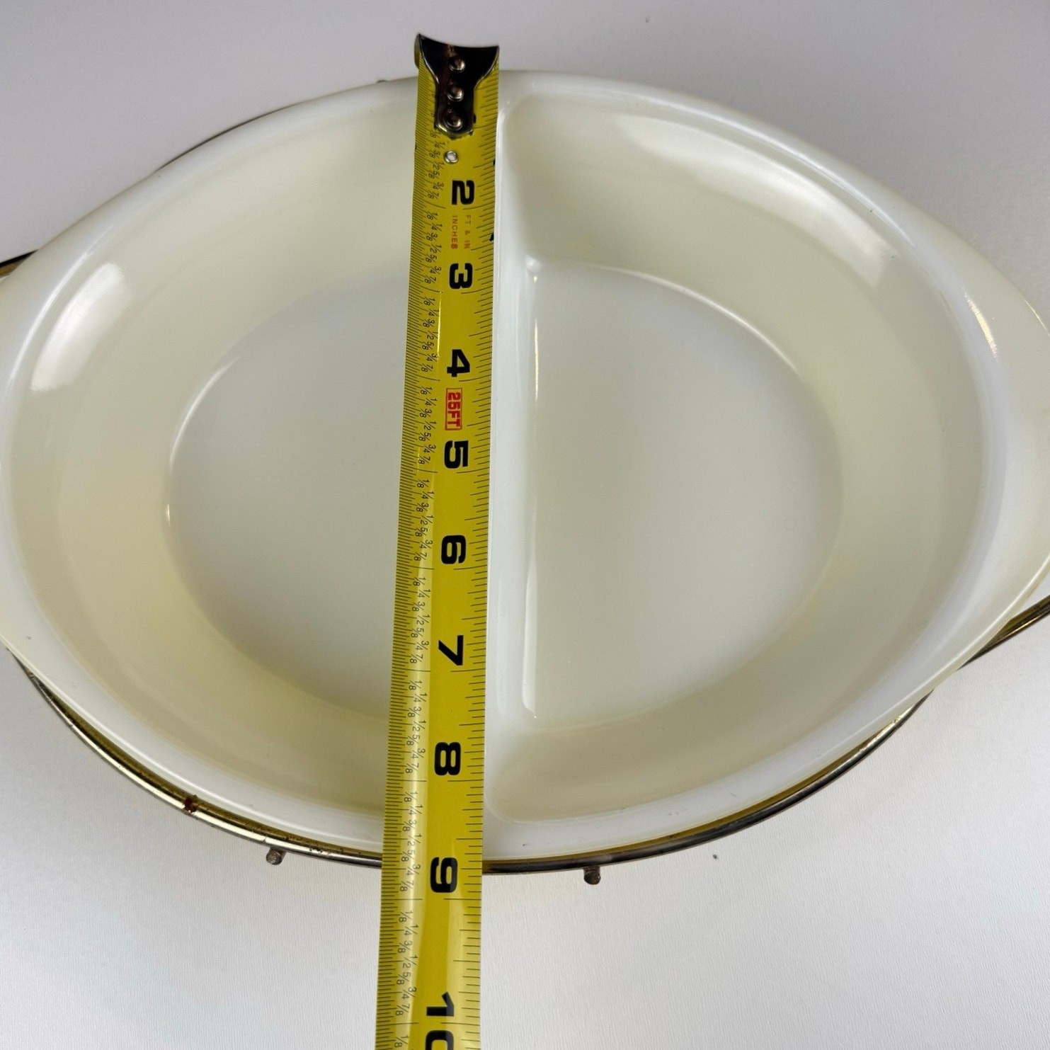 Vintage Glasbake yellow wheat divided casserole dish metal cradle 1960s