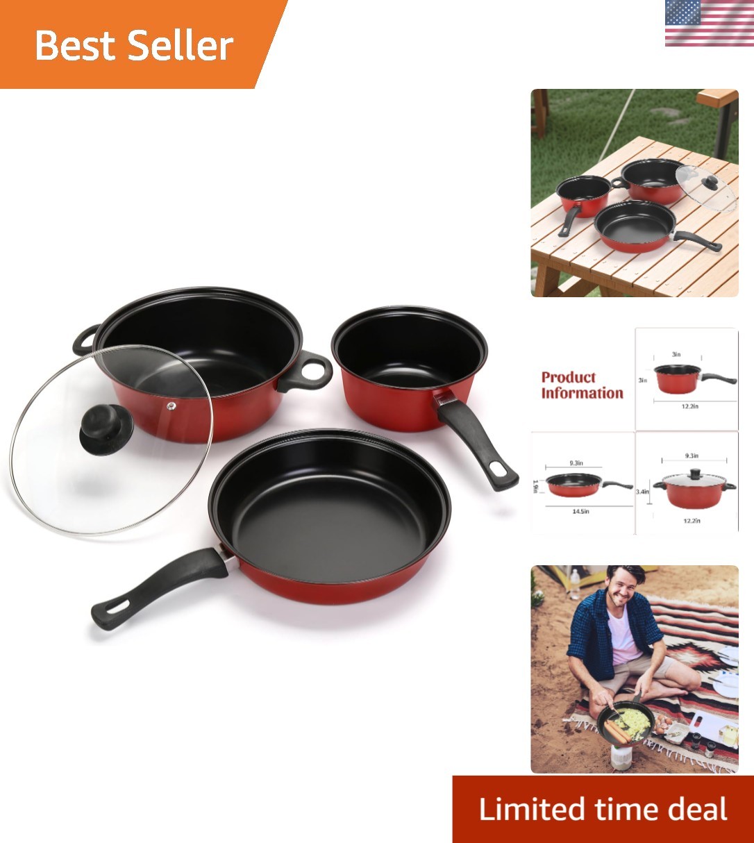 Lightweight 4-Piece Cast Iron Cookware Set with Glass Lids for Outdoor Cooking