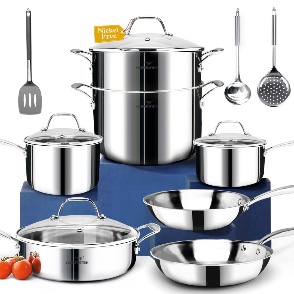 HOMICHEF 14-Piece Nickel Free Stainless Steel Cookware Set Whole-Clad 3-Ply –