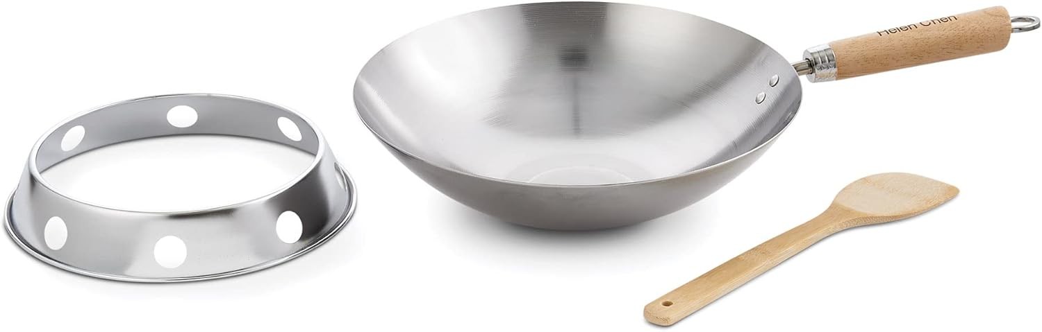 Helen’s Asian Kitchen 12″ Round Bottom Wok Set Carbon Steel Bamboo