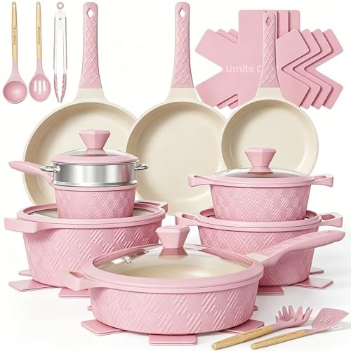 Pots and Pans Set Non Stick, 26PCS Nonstick Cookware Set, Induction Cook Pink