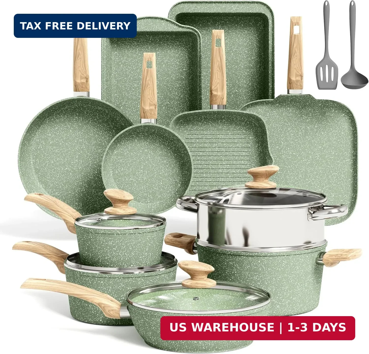Kitchen Academy 17 Pieces Induction Cookware Set with Griddle, Green Granite Pot