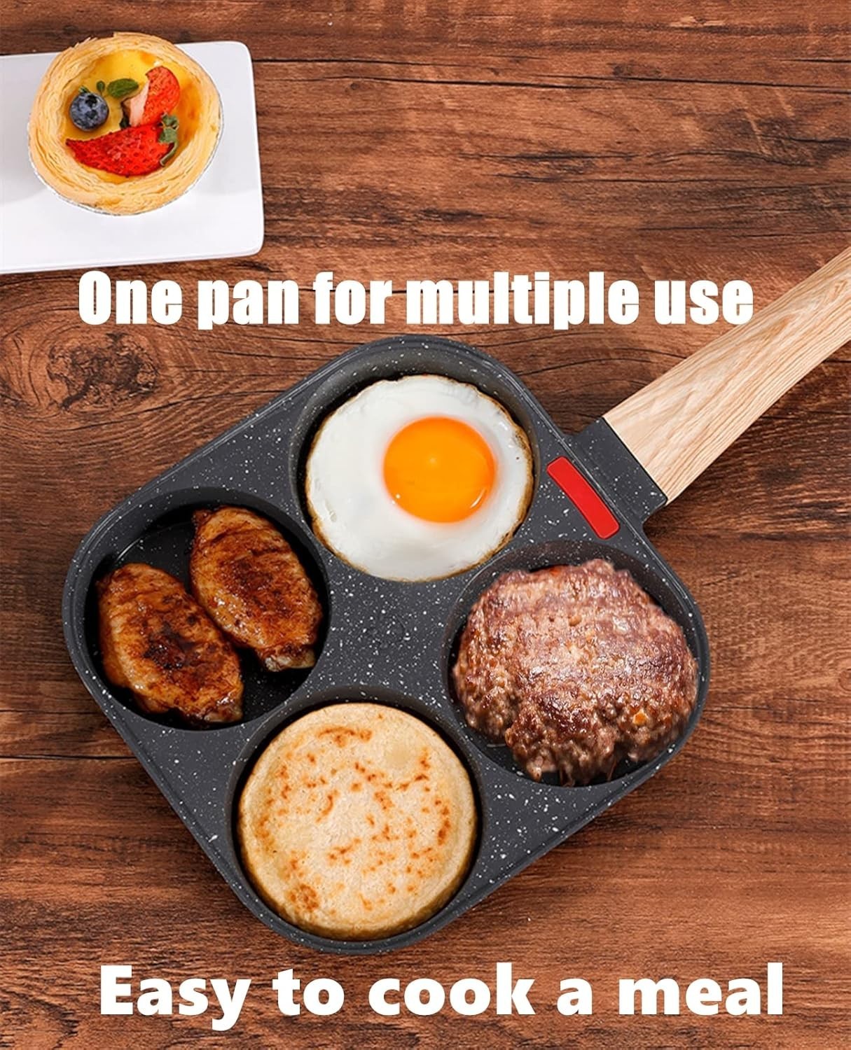 4 Hole Cup Egg Hamburger Pancake Maker Non-Stick Frying Pan with Wooden Handle
