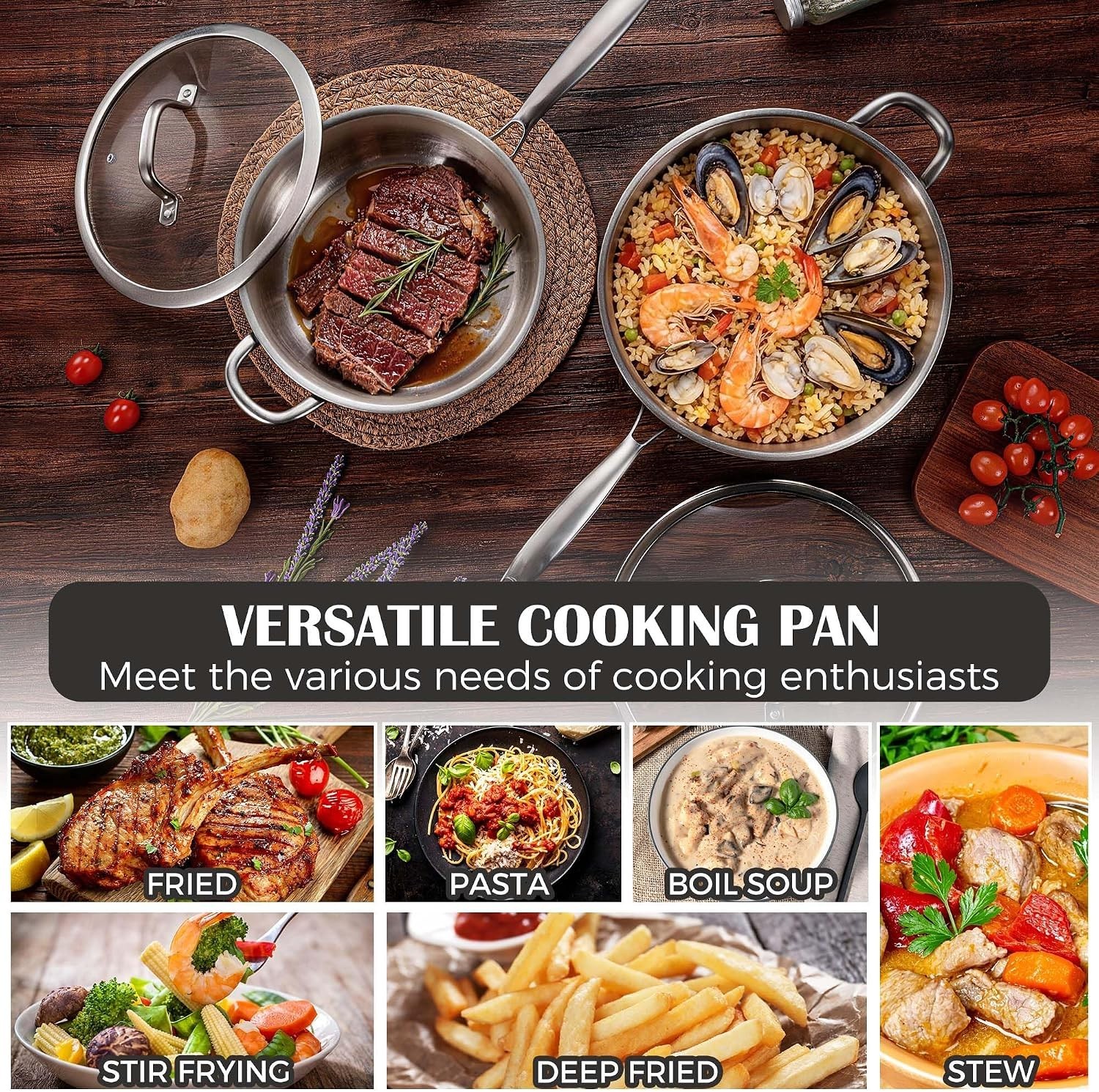 10 Inch Deep Frying Pan with Lid, 4.5QT Tri-Ply Stainless Steel Saute Pan, Br…