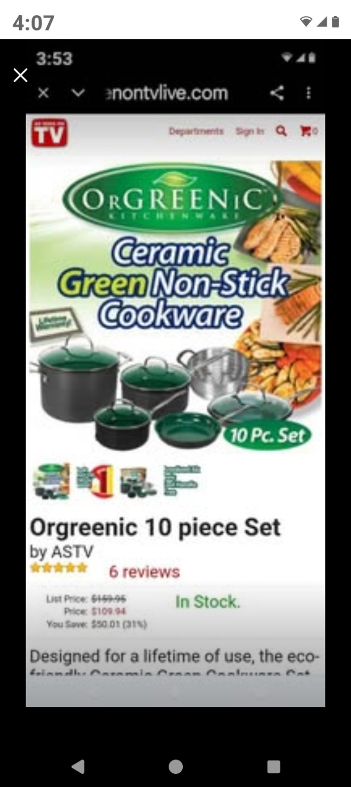 Orgreenic Ceramic Green Non-Stick Cookware 10-Piece Set