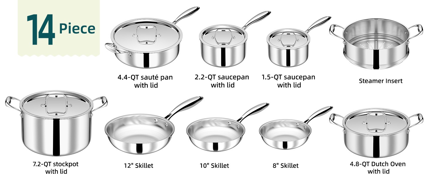 Stainless Steel Cookware Set, 5 Ply 14 Piece Stainless Steel Pot and Pan