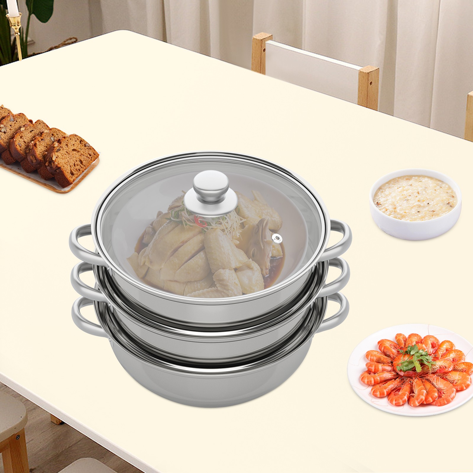 3 Tiers Stainless Steel Food Steamer Cooker Pot Vegetable Fish w/Glass Lid