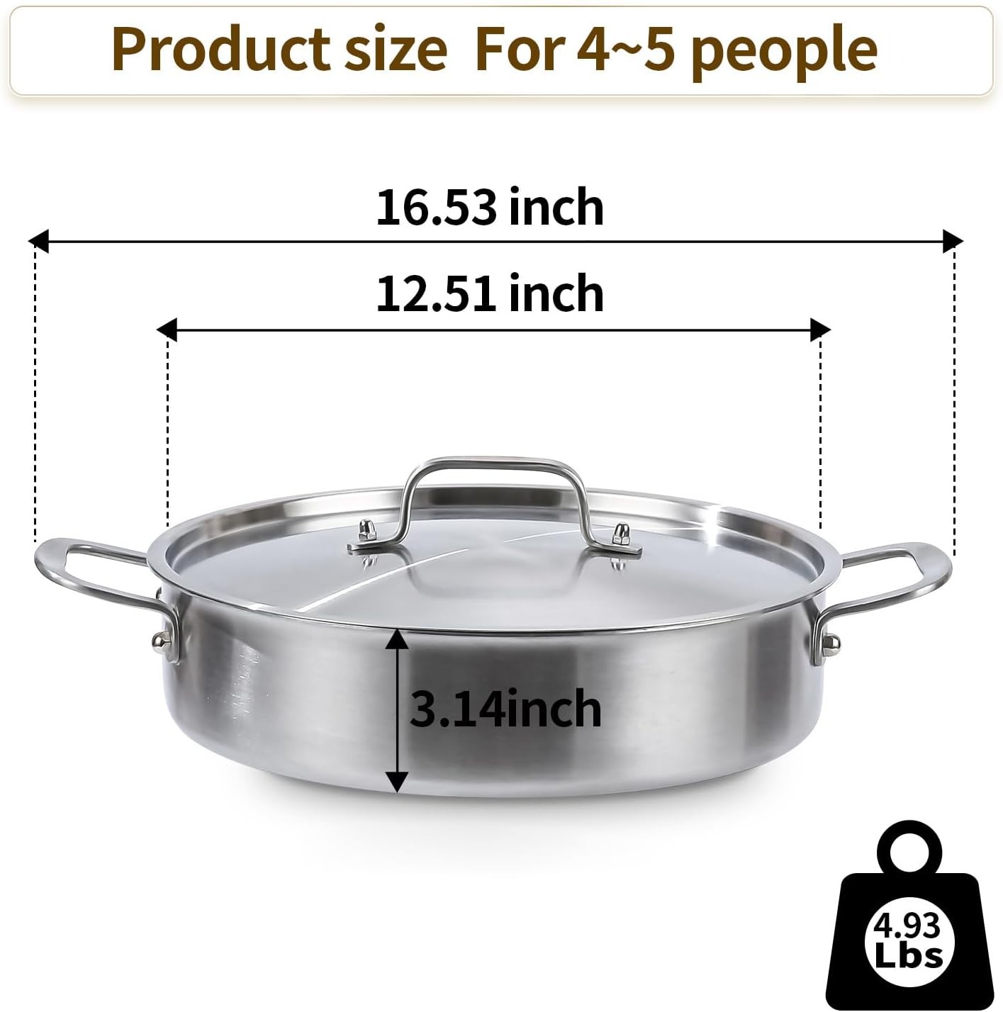 DELARLO Tri-Ply Stainless Steel 5 Quart Braiser Pan with Lid 5 Quarts, Silver