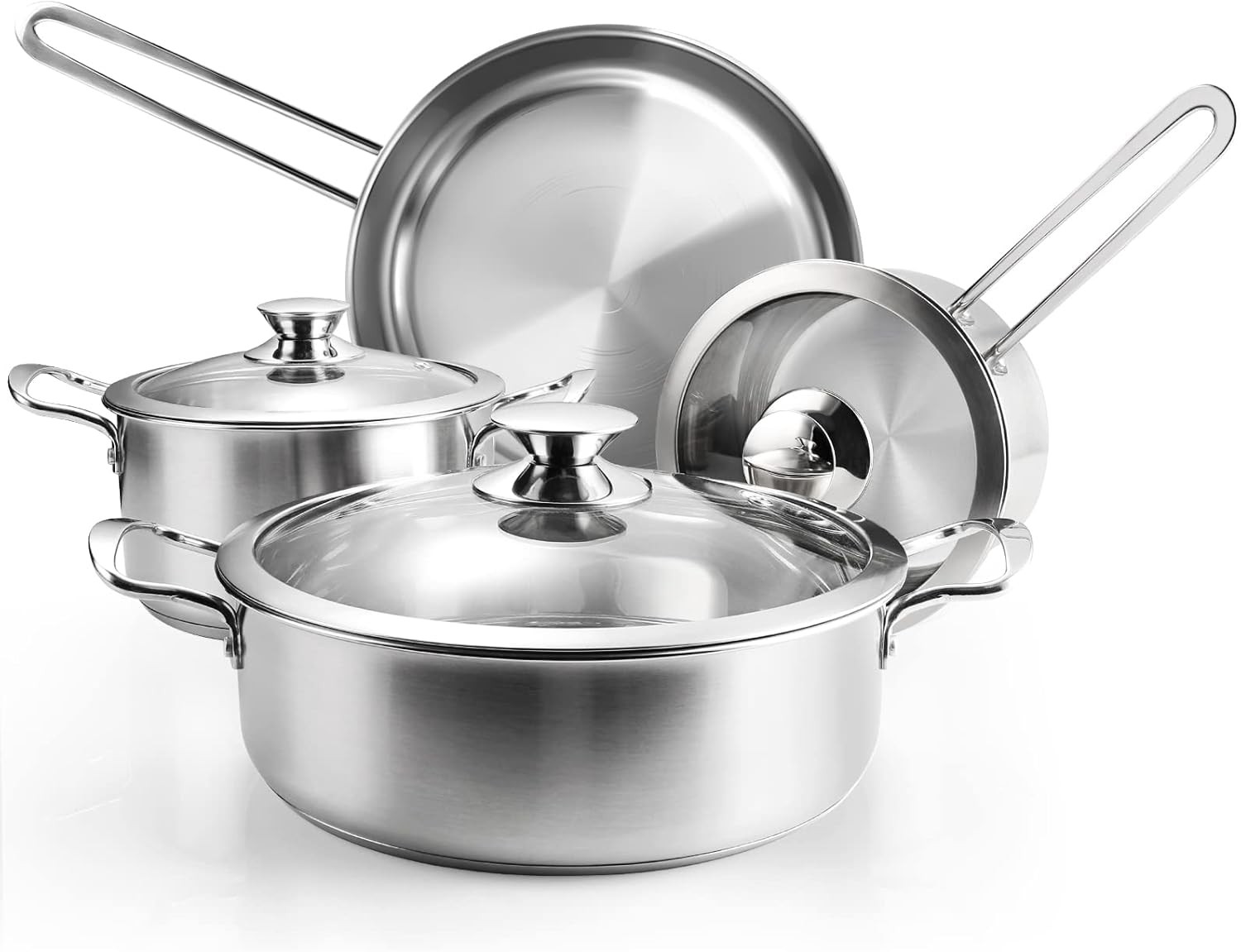 Stainless Steel Kitchen Pots Glass Lids Stay Cool Handles Induction Gas Cookware