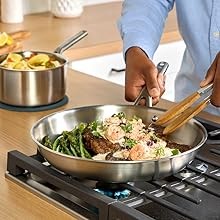 Classic Stainless Steel Cookware Set, 10-Piece, Impact-Bonded Aluminum Base,